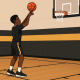 Youth basketball player shooting with balanced form and follow-through in black and yellow uniform on indoor court