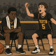 Youth basketball players on the bench—one cheering, one discouraged—showing the ups and downs of playing time.