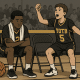 Youth basketball players on the bench—one cheering, one discouraged—showing the ups and downs of playing time.