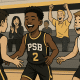 Youth basketball player having fun with teammates during warmups while parents cheer