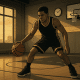 Youth basketball player training alone in a gym at sunrise, focused on improving.