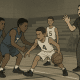 Youth basketball players struggle to break a press while teammates stand idle, illustrating development challenges in AAU basketball.