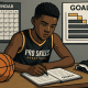 Youth basketball player writing down S.M.A.R.T. basketball goals in a notebook with a calendar and goal chart nearby.