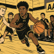 Youth basketball player driving to the basket during an intense AAU game with teammates and defenders reacting.