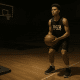 High school basketball player practicing alone in a dimly lit gym, focused on self-improvement.