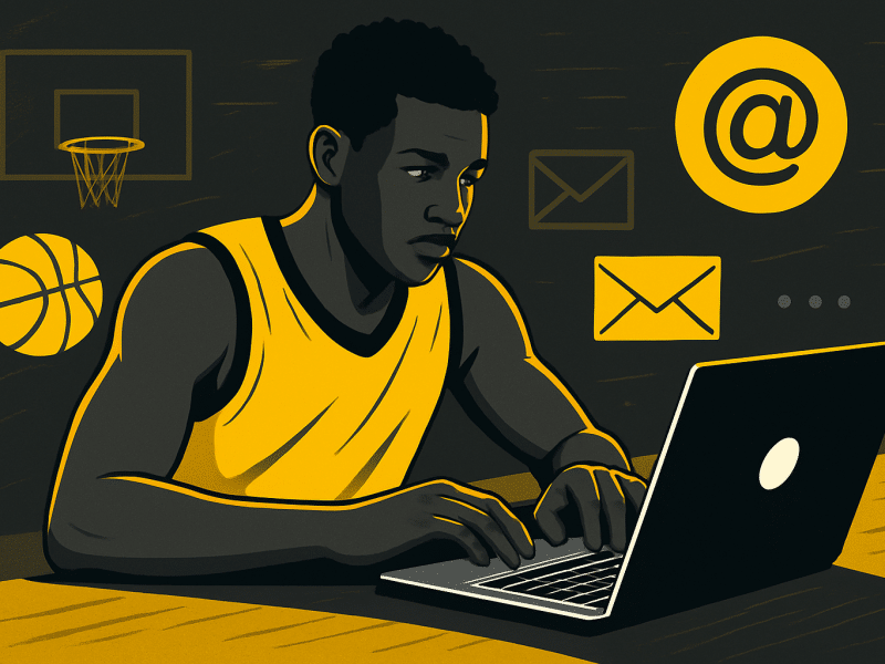Illustration of a person sitting at a desk, typing on a laptop with envelopes floating around, symbolizing sending and receiving emails.