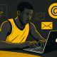 Illustration of a person sitting at a desk, typing on a laptop with envelopes floating around, symbolizing sending and receiving emails.