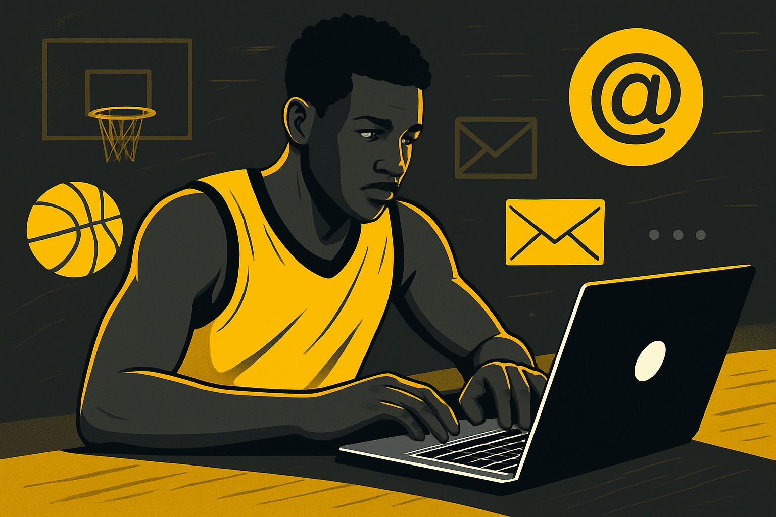 Illustration of a person sitting at a desk, typing on a laptop with envelopes floating around, symbolizing sending and receiving emails.