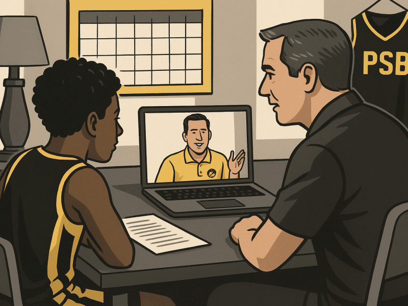 Parent and youth basketball player reviewing college recruiting materials on a video call with a coach.