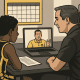 Parent and youth basketball player reviewing college recruiting materials on a video call with a coach.