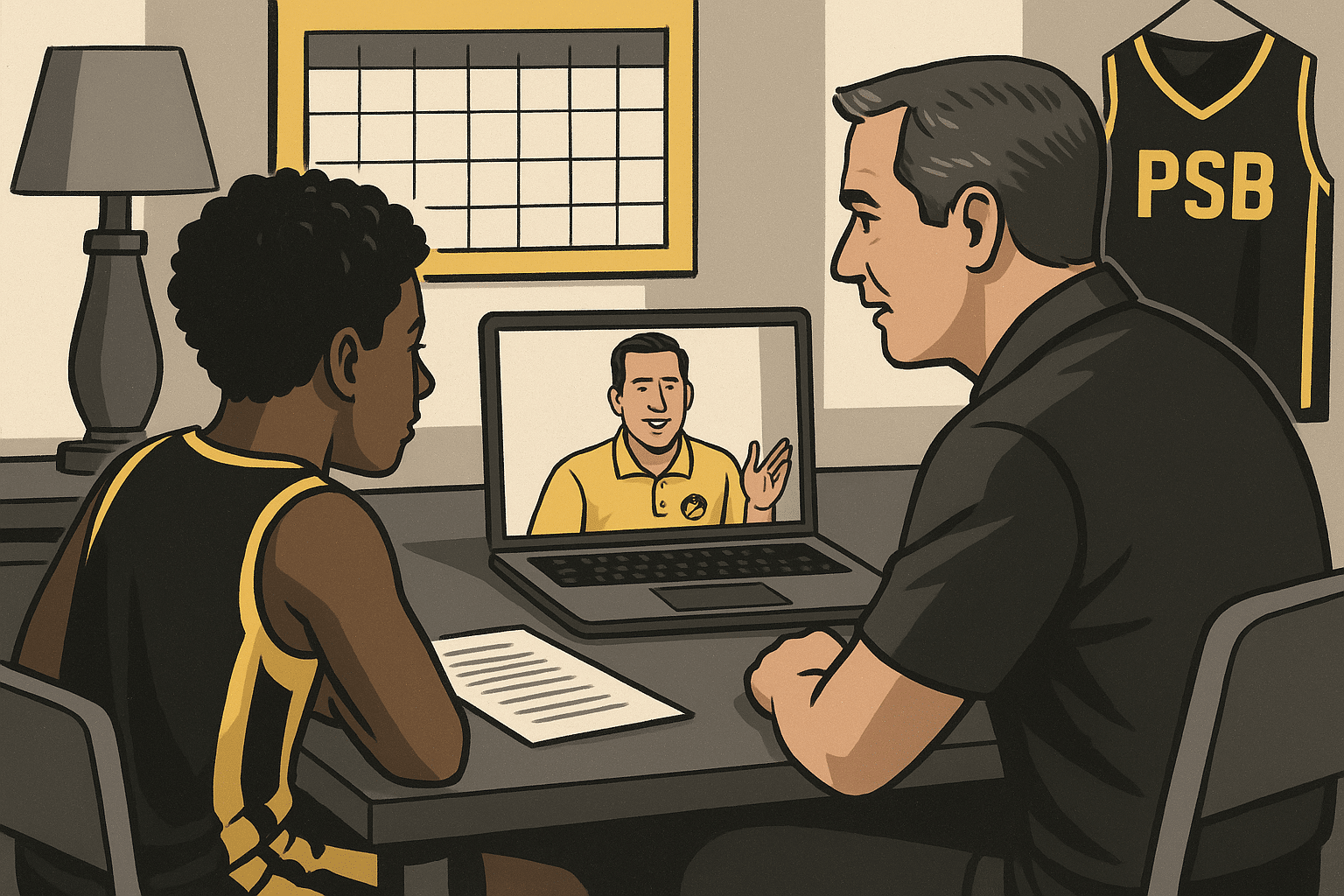 Parent and youth basketball player reviewing college recruiting materials on a video call with a coach.