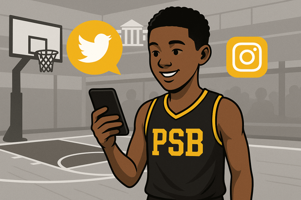 A smiling basketball player wearing a black and yellow PSB jersey looks at his phone on an indoor basketball court, with Twitter and Instagram icons floating around him, symbolizing social media engagement in sports.