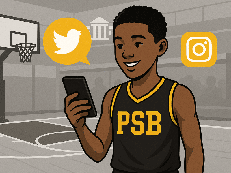 A smiling basketball player wearing a black and yellow PSB jersey looks at his phone on an indoor basketball court, with Twitter and Instagram icons floating around him, symbolizing social media engagement in sports.