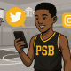 A smiling basketball player wearing a black and yellow PSB jersey looks at his phone on an indoor basketball court, with Twitter and Instagram icons floating around him, symbolizing social media engagement in sports.