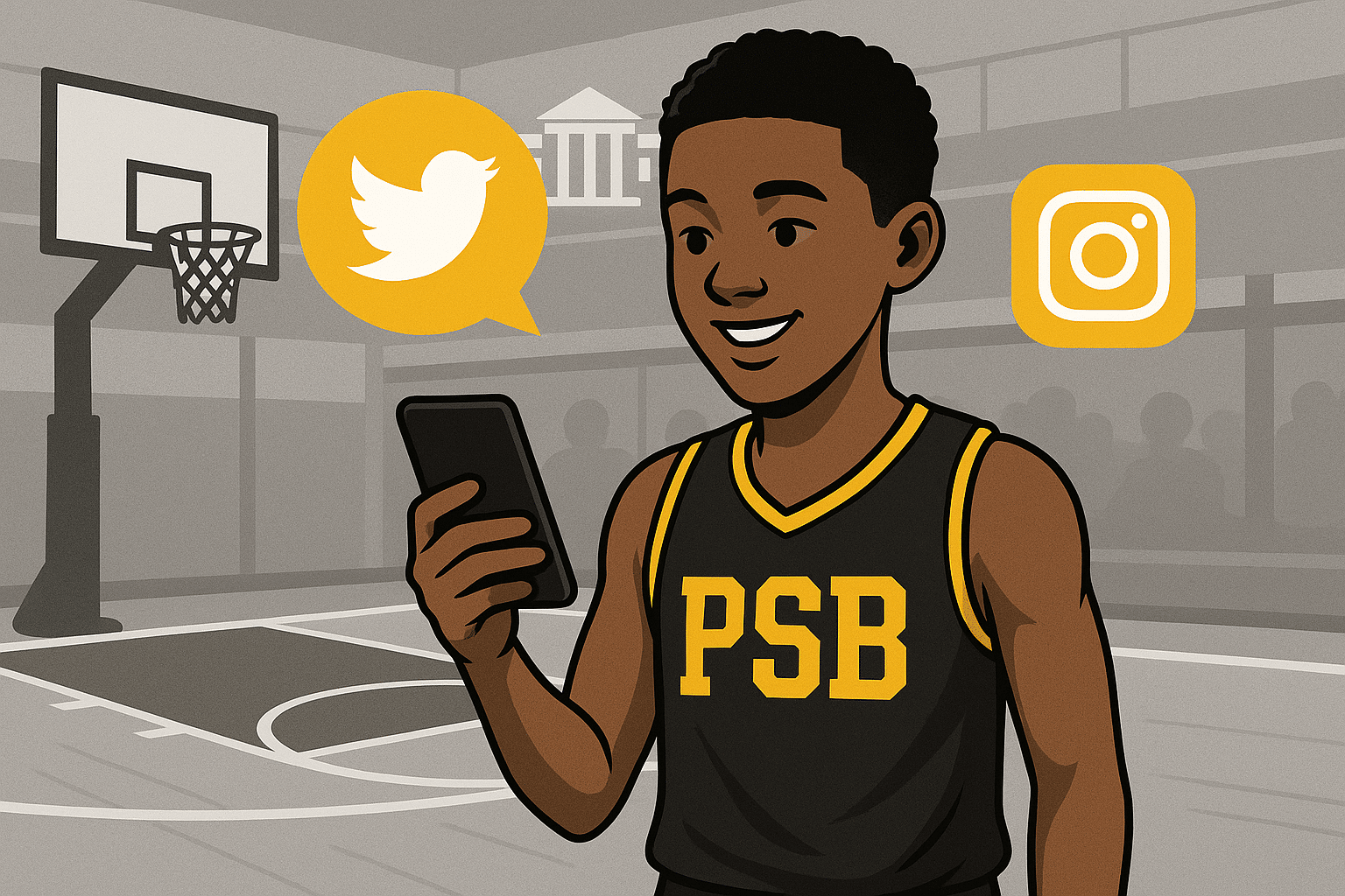 A smiling basketball player wearing a black and yellow PSB jersey looks at his phone on an indoor basketball court, with Twitter and Instagram icons floating around him, symbolizing social media engagement in sports.