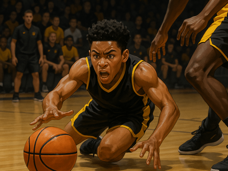 Youth basketball player diving for the ball in a competitive one-on-one game wearing black and yellow PSB uniform.