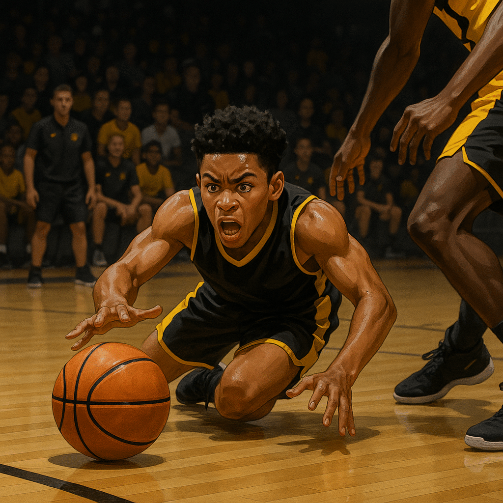 Youth basketball player diving for the ball in a competitive one-on-one game wearing black and yellow PSB uniform.