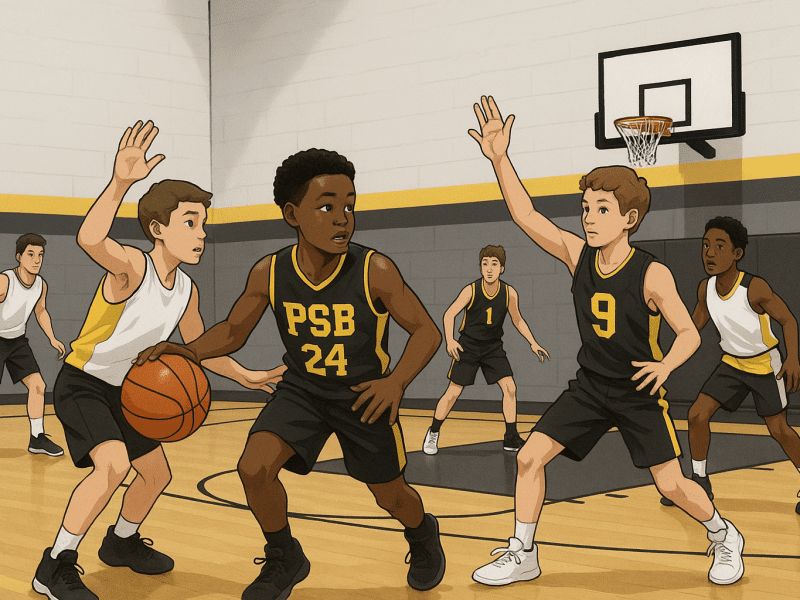 Youth players competing in a fast-paced 3-on-3 basketball game on a half-court gym.