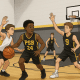 Youth players competing in a fast-paced 3-on-3 basketball game on a half-court gym.