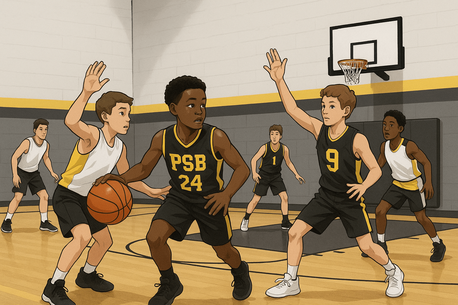 Youth players competing in a fast-paced 3-on-3 basketball game on a half-court gym.