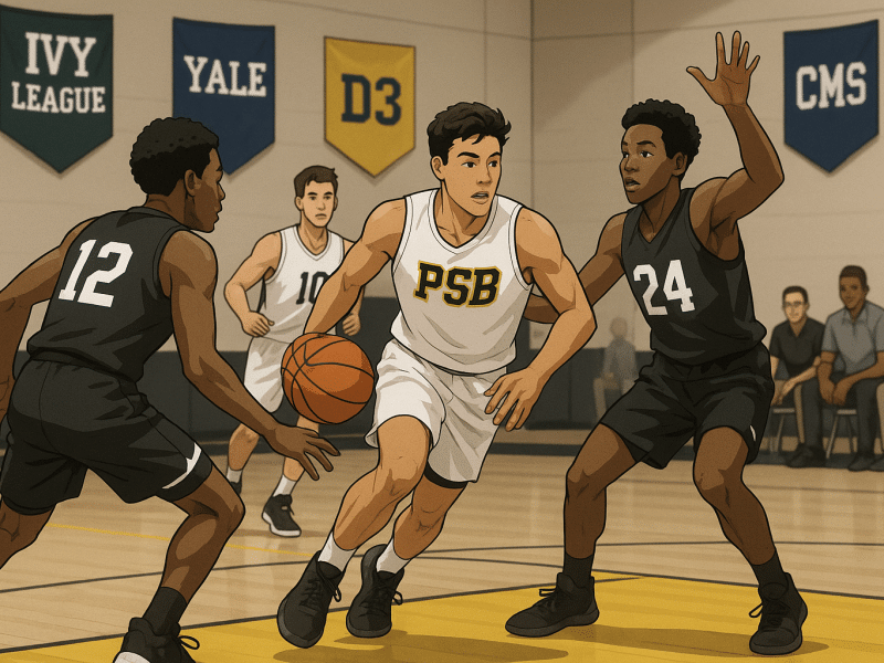 High school basketball players compete in a showcase game in front of college coaches from Ivy League and D3 programs.