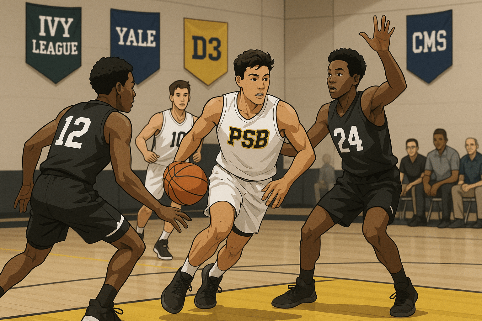 High school basketball players compete in a showcase game in front of college coaches from Ivy League and D3 programs.