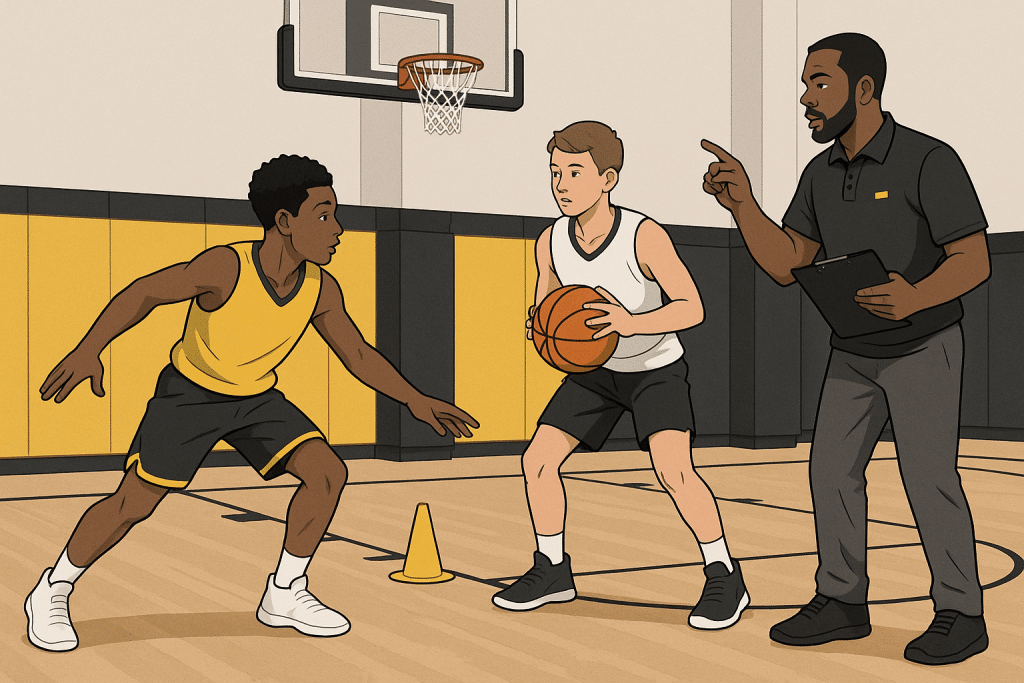 Youth basketball players practicing a reverse pivot drill with a coach observing at the elbow.
