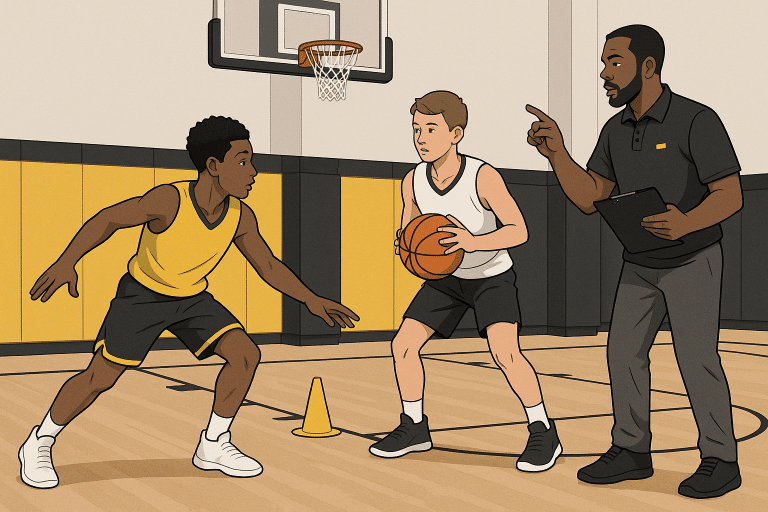 Youth basketball players practicing a reverse pivot drill with a coach observing at the elbow.