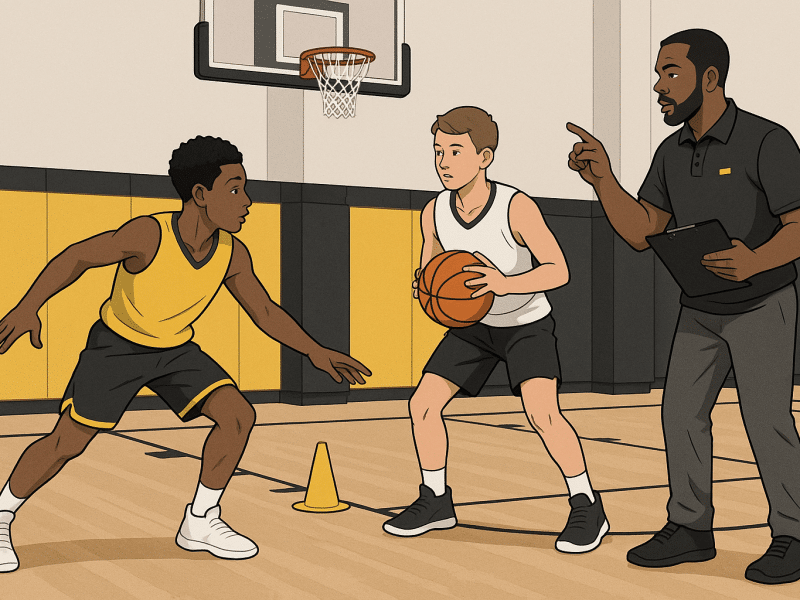Youth basketball players practicing a reverse pivot drill with a coach observing at the elbow.