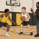 Youth basketball players practicing a reverse pivot drill with a coach observing at the elbow.