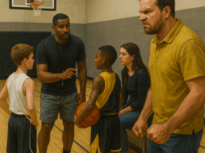 A lifelike painting of a youth basketball practice in an indoor gym: an athletic coach gives instruction to two boys holding a basketball, while an angry father clenches his fists and scowls from the sidelines and a concerned mother sits nearby.