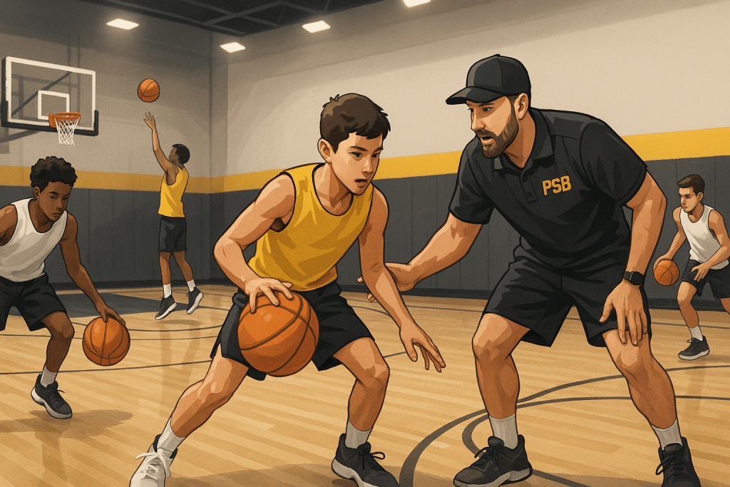 Young players at a Pro Skills Basketball camp dribbling and shooting under coach guidance.