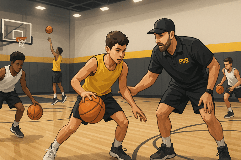 Young players at a Pro Skills Basketball camp dribbling and shooting under coach guidance.