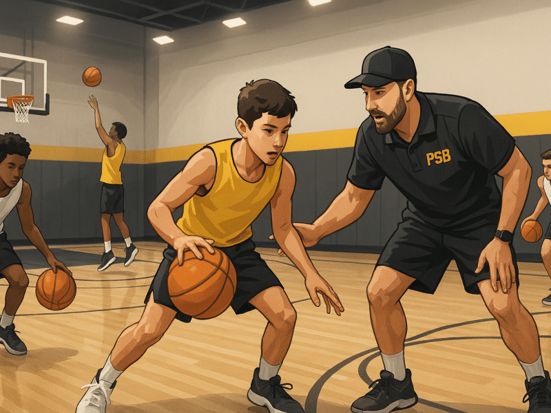 Young players at a Pro Skills Basketball camp dribbling and shooting under coach guidance.