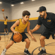 Young players at a Pro Skills Basketball camp dribbling and shooting under coach guidance.