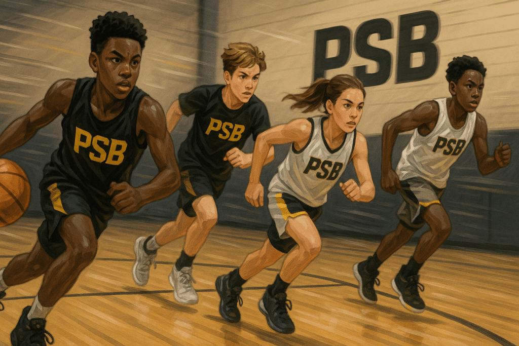 Youth basketball players in black and yellow PSB gear practicing determinedly, symbolizing resilience and growth mindset.