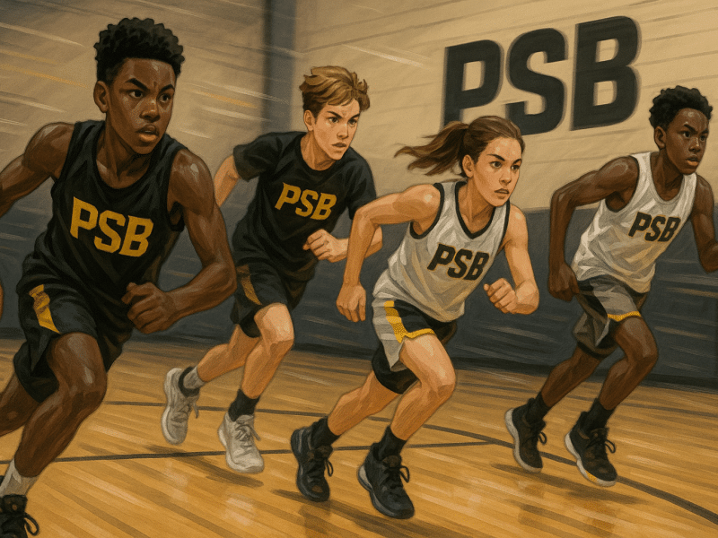 Youth basketball players in black and yellow PSB gear practicing determinedly, symbolizing resilience and growth mindset.