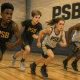Youth basketball players in black and yellow PSB gear practicing determinedly, symbolizing resilience and growth mindset.