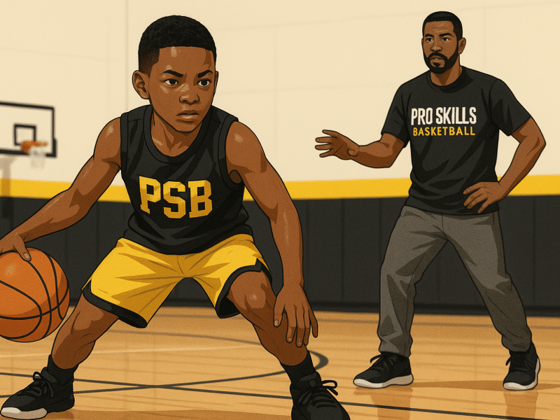 oung basketball player practicing a low dribble drill on an indoor court, guided by a coach, in Pro Skills Basketball brand colors.