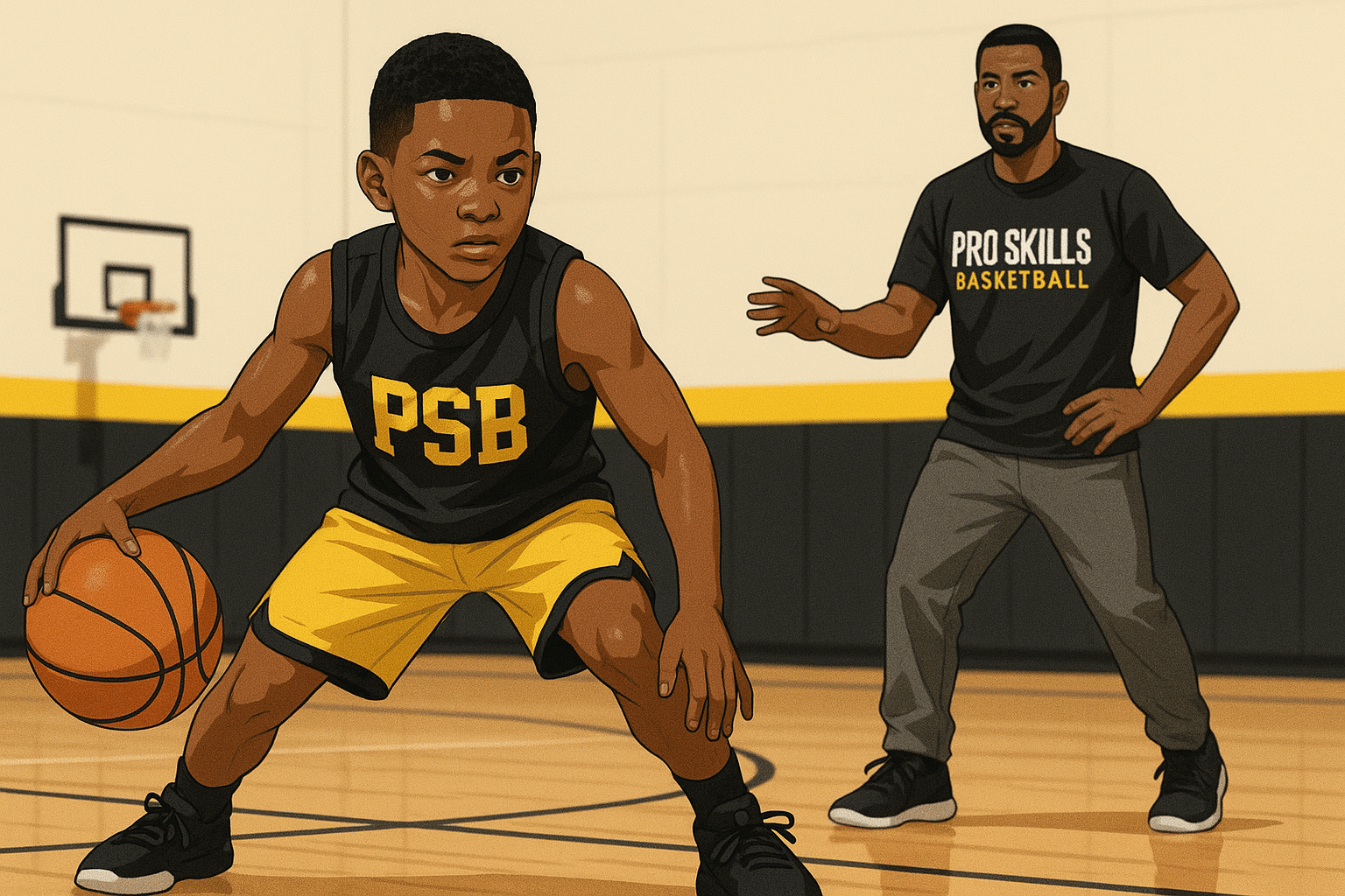 oung basketball player practicing a low dribble drill on an indoor court, guided by a coach, in Pro Skills Basketball brand colors.