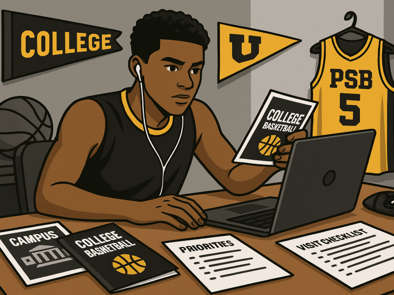 High school basketball player researching college programs surrounded by brochures, gear, and notes