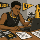 High school basketball player researching college programs surrounded by brochures, gear, and notes