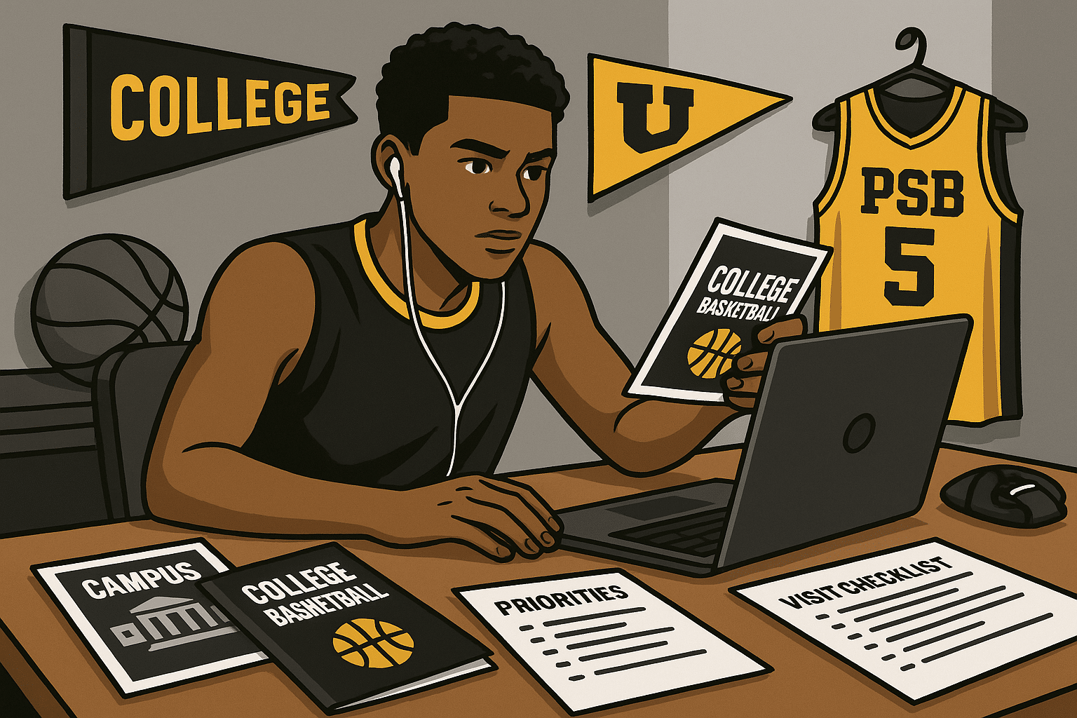 High school basketball player researching college programs surrounded by brochures, gear, and notes