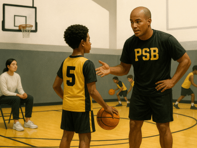 Coach instructing players while a parent watches respectfully during a youth basketball practice, in PSB brand colors.