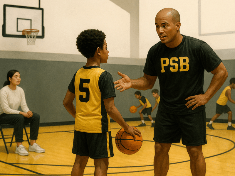 Coach instructing players while a parent watches respectfully during a youth basketball practice, in PSB brand colors.