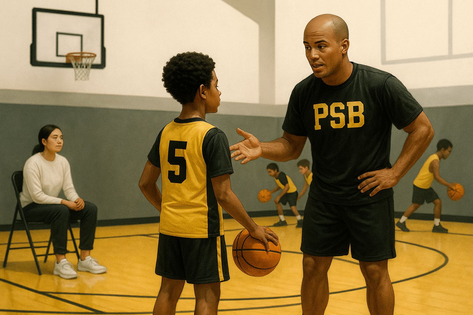 Coach instructing players while a parent watches respectfully during a youth basketball practice, in PSB brand colors.