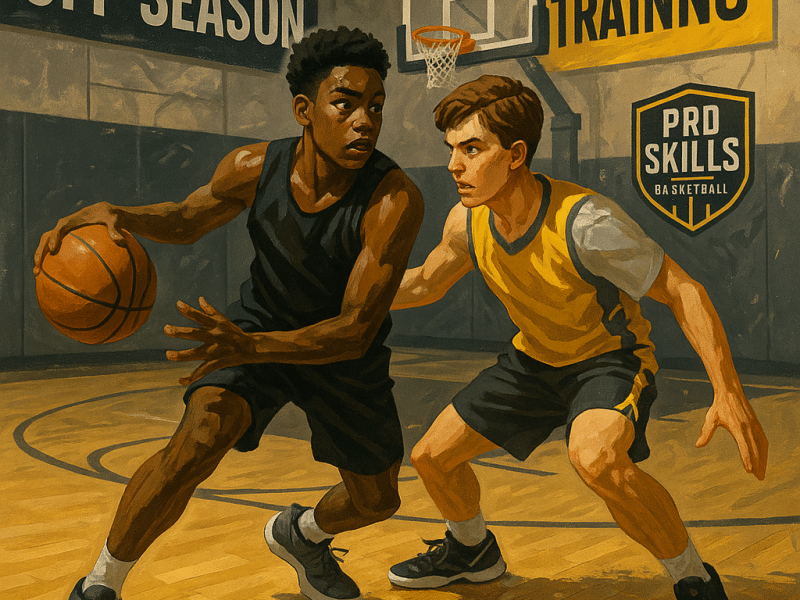 Two youth basketball players practicing in the gym during off-season training with Pro Skills Basketball.