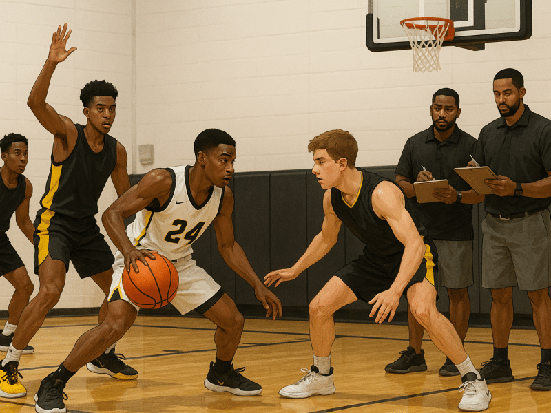 Four high school players compete during a basketball tryout as two coaches observe and take notes in a school gym with bright lighting and polished floors.