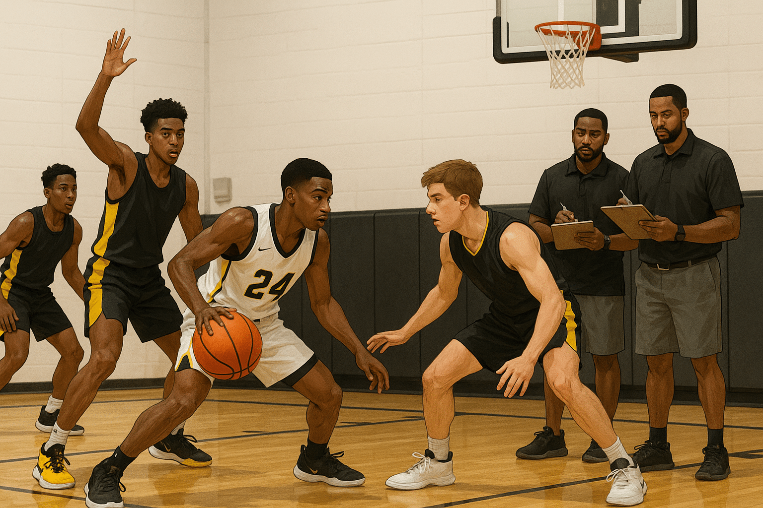Four high school players compete during a basketball tryout as two coaches observe and take notes in a school gym with bright lighting and polished floors.