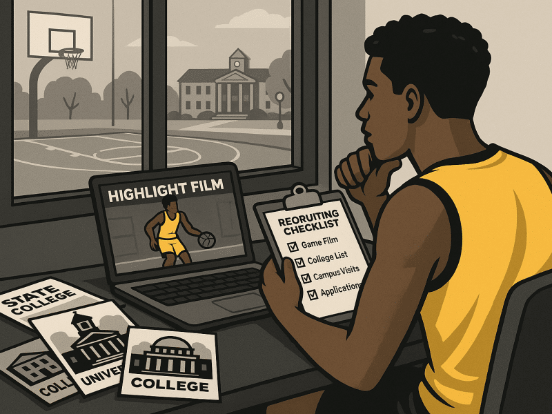 High school basketball player planning college recruiting strategy at desk with laptop and brochures